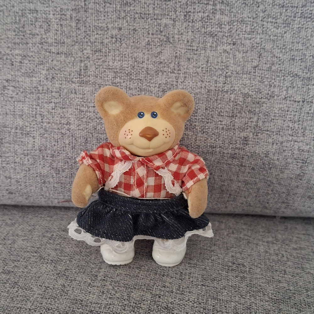 Vintage Charming Furkin Bear Figurine in Red Checkered And Jean Dress